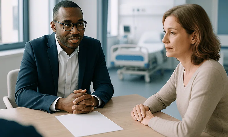 Doctor consulting with a patient in a hospital room.
