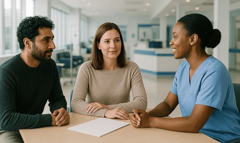 Medical consultation with healthcare professional and patients in hospital.