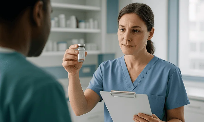 Healthcare professional examining medication in a clinical setting.