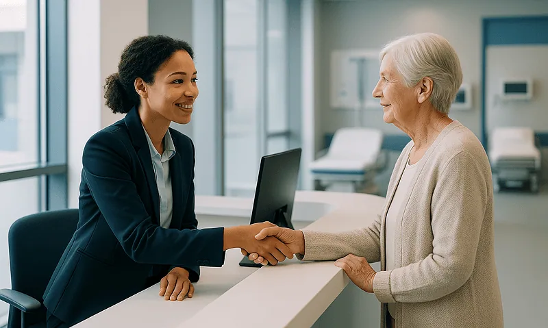 Healthcare professional shaking hands with elderly patient at hospital reception.
