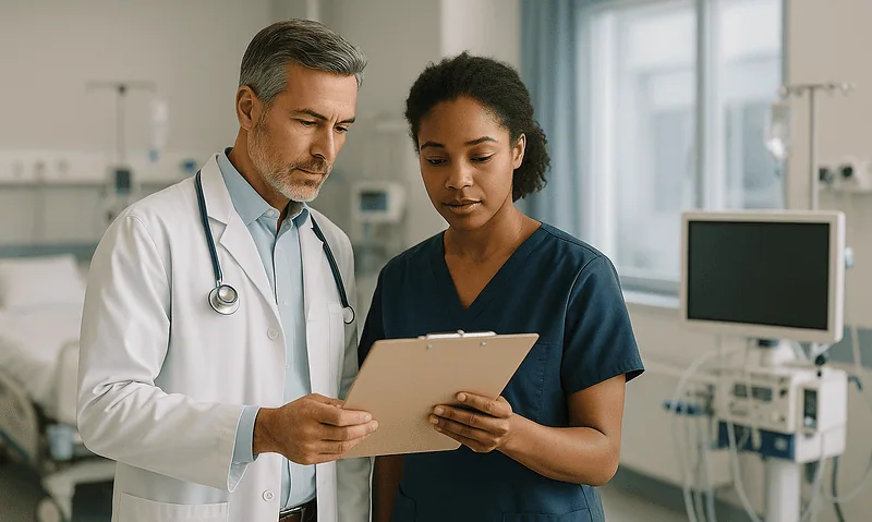 Doctor and nurse reviewing patient data in hospital setting.