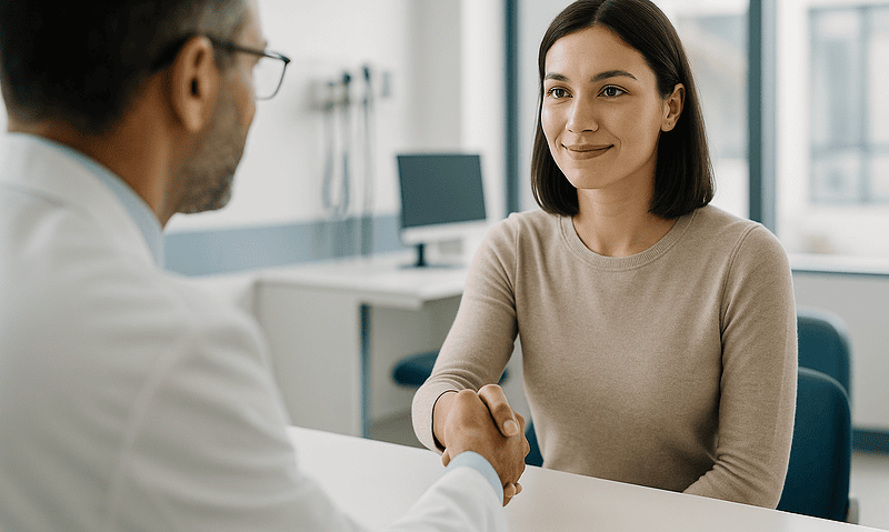Patient consulting with doctor in a modern hospital setting in Turkey.