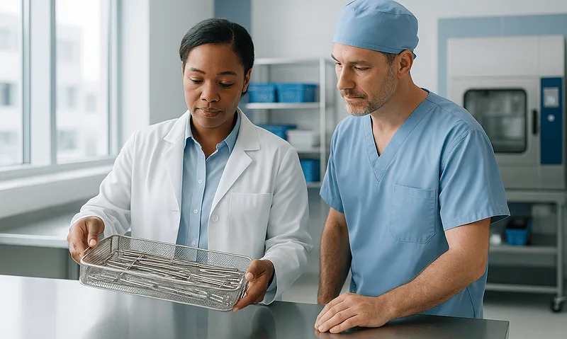 Healthcare professionals inspecting surgical instruments in a hospital lab.