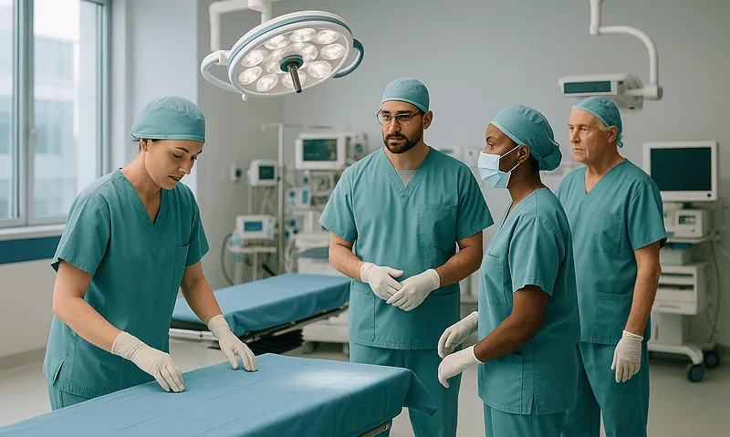 Medical team preparing operating room at Acibadem Hospital.