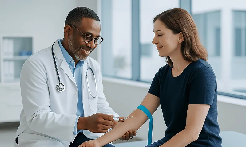 Doctor performing a blood test on a patient in a clinical setting.