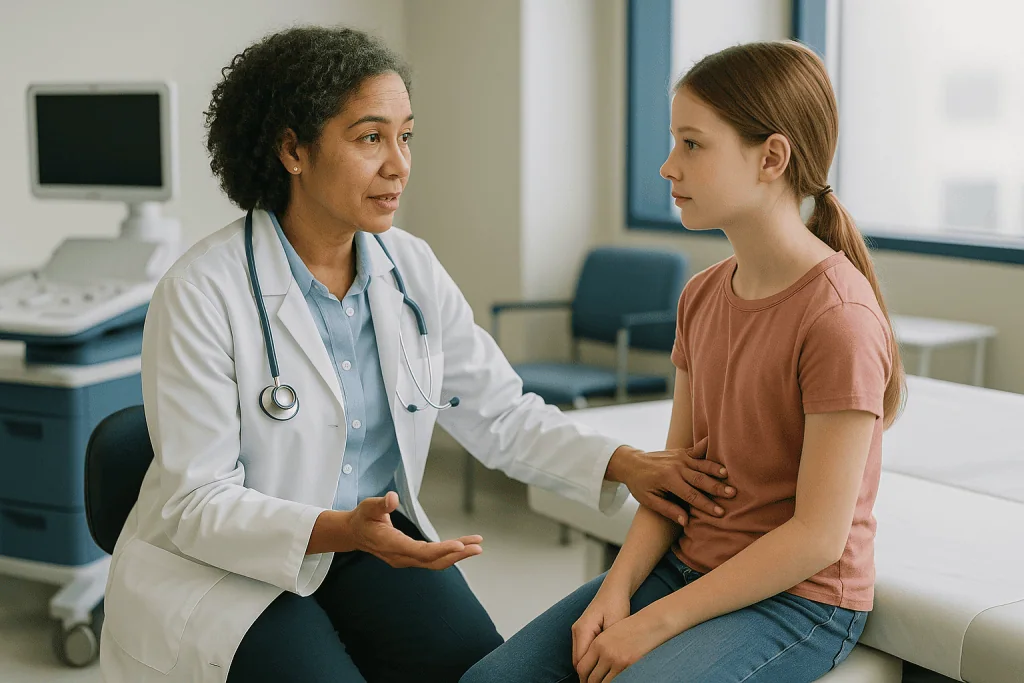 Female doctor consulting young patient in clinical setting: At what age is juvenile scoliosis typically diagnosed, and why d