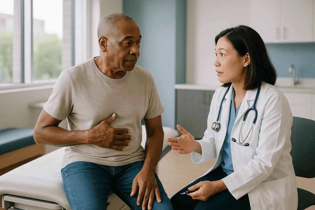 Doctor consulting with male patient about chest symptoms: At what size does an aortic aneurysm require surgery?