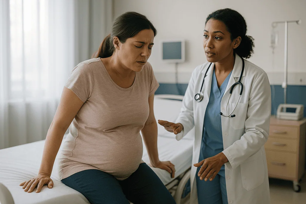 Pregnant woman consulting with doctor in clinical setting: At what stage is it too late to get an epidural?