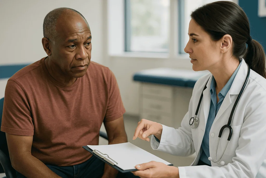 Doctor consulting with male patient about treatment options: At what stage of kidney disease do you see a nephrologist?