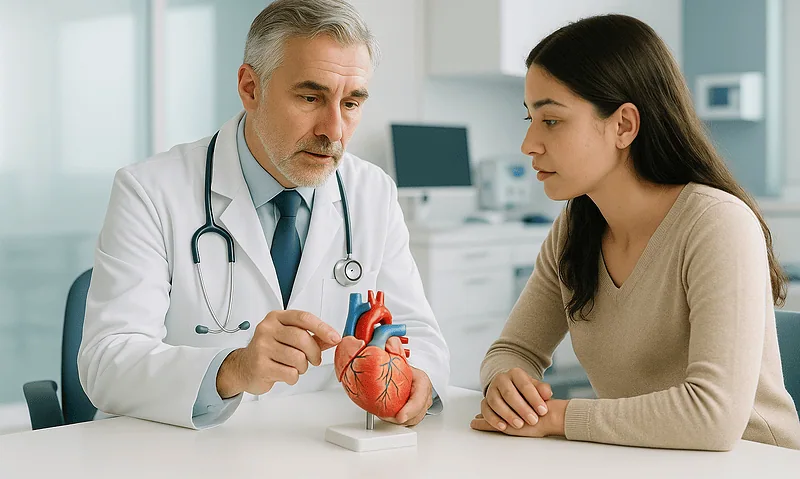 Cardiologist explaining heart health to a patient with a model of a human heart.