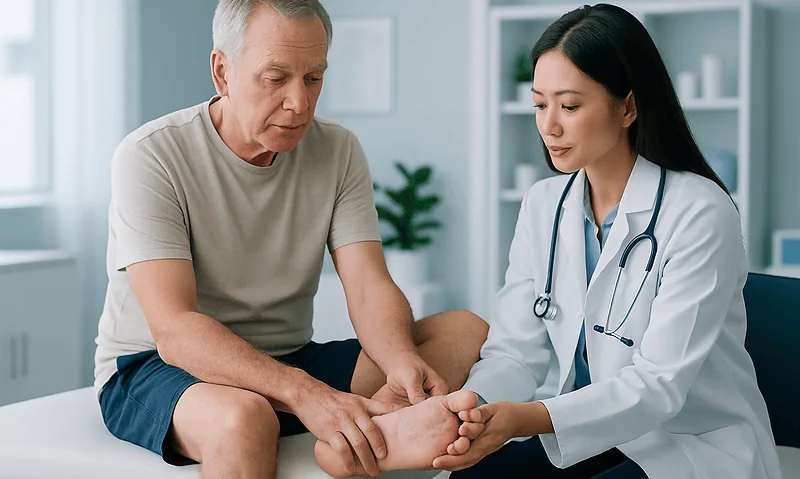 Athlete's Foot and Nail Fungus: Why They Return and What Actually Clears Them 5 Doctor examining a patient's foot for athlete's foot or nail fungus.