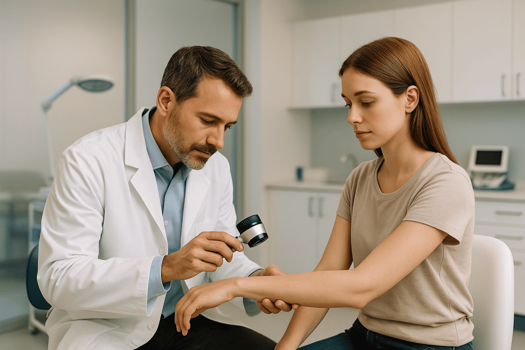 Atopic Dermatitis 1 Dermatologist examining a patient's skin in a medical clinic setting.