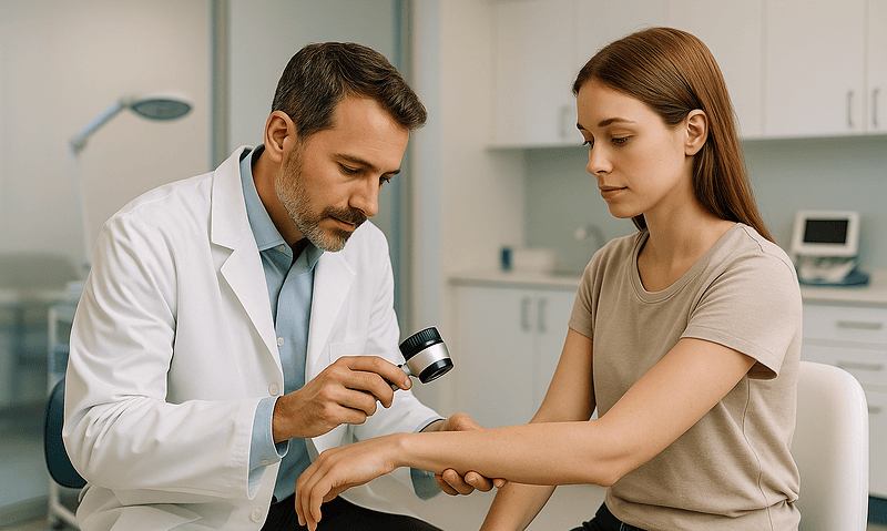 Dermatologist examining a patient's skin in a medical clinic setting.