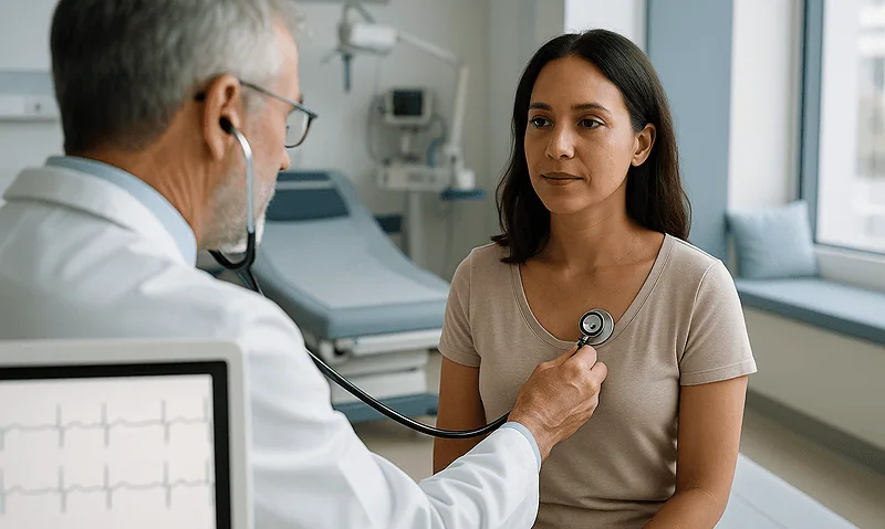 Doctor examining a patient with an ECG in a hospital setting.