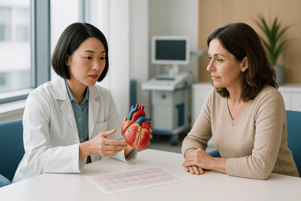 Atrial Flutter 1 Doctor explaining heart anatomy to patient in a consultation room.