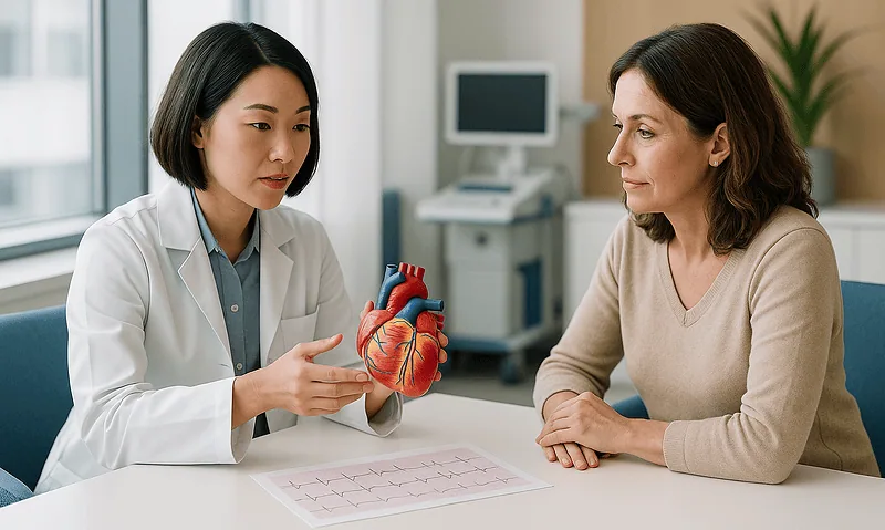 Doctor explaining heart anatomy to patient in a consultation room.