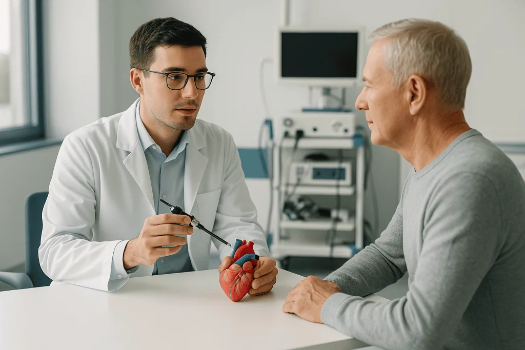 Atrial Septal Defect 1 Cardiologist explaining atrial septal defect to patient with heart model.
