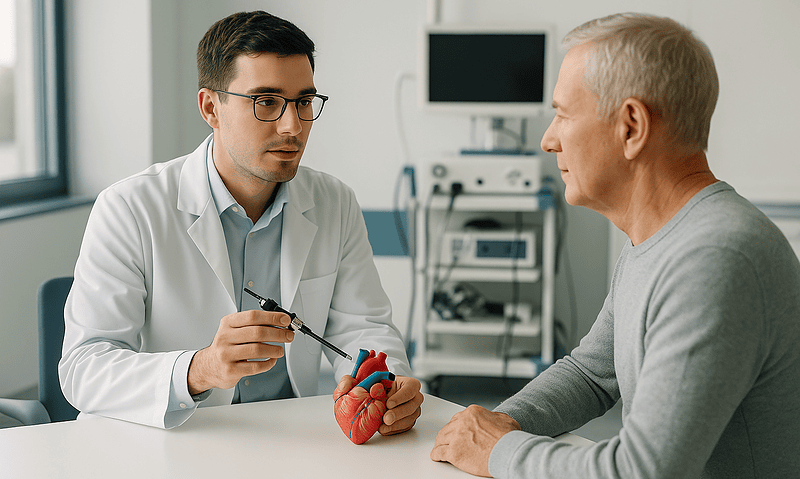 Cardiologist explaining atrial septal defect to patient with heart model.