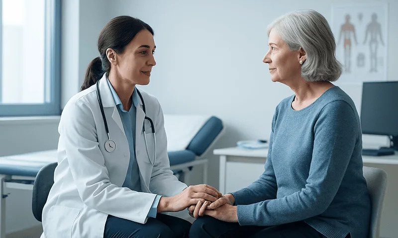 Doctor comforting elderly patient in a medical consultation room.