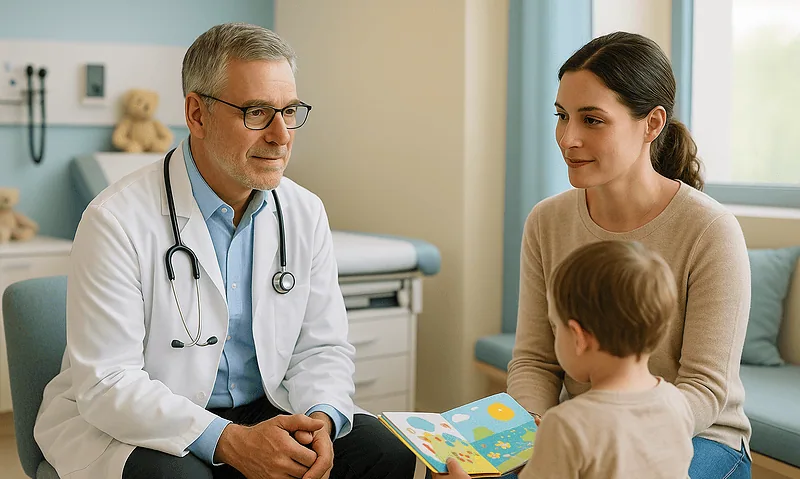 Doctor consulting with mother and child in a hospital room.