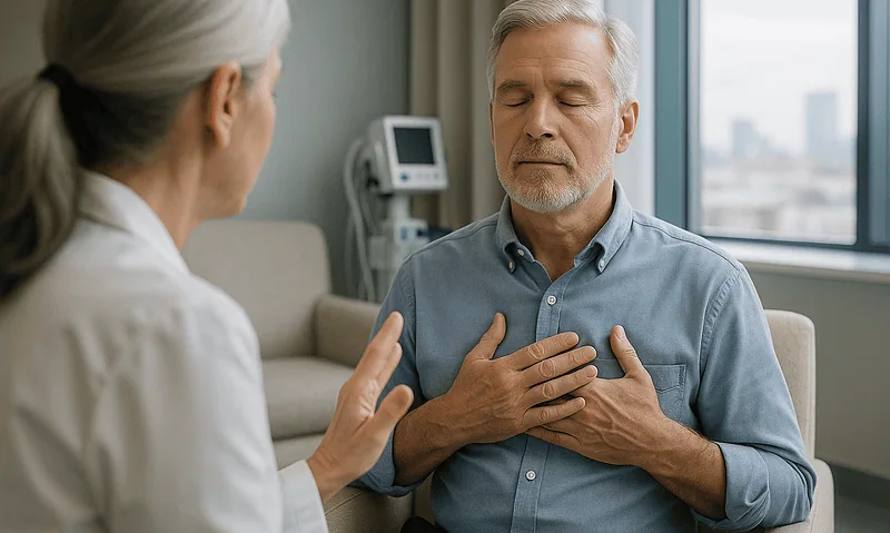 Doctor consulting with an elderly male patient in a hospital setting.