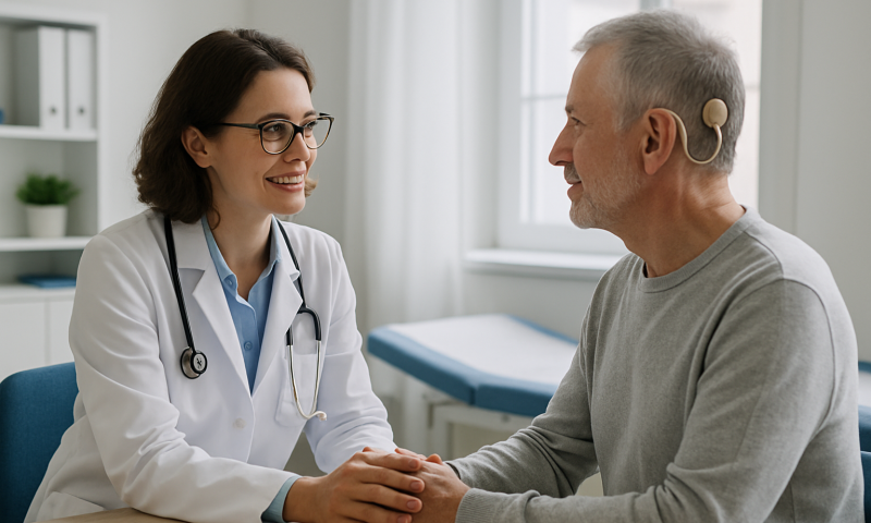Doctor and patient holding hands during auditory rehabilitation session.