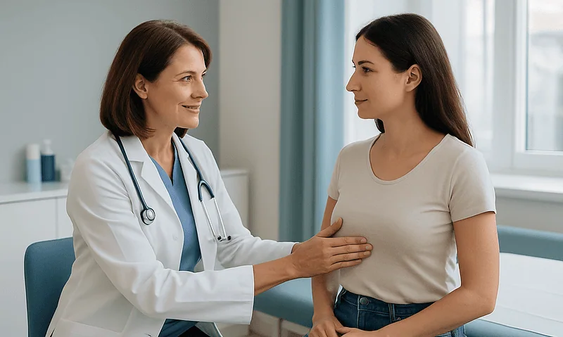 Doctor consulting with a young woman about breast aesthetics options.