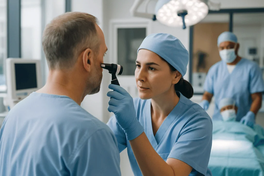 Auricular (Ear) Reconstruction 1 Surgeon examining patient's ear during Auricular Reconstruction surgery in operating room.