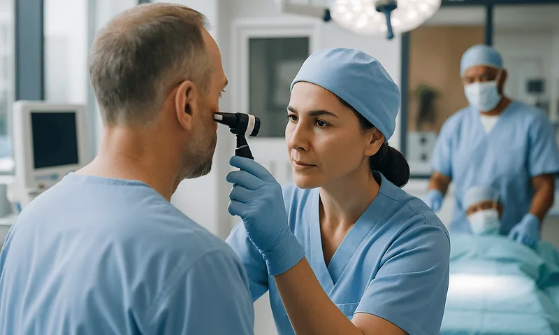 Surgeon examining patient's ear during Auricular Reconstruction surgery in operating room.