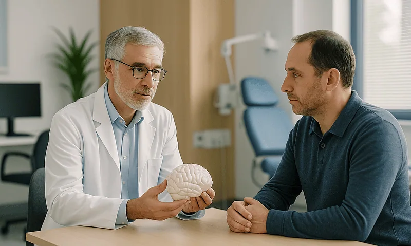 Doctor explaining brain model to patient in a medical consultation.