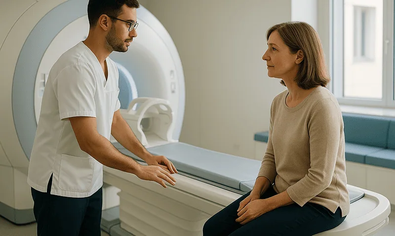 Medical professional consulting a patient in a hospital room with MRI scanner.
