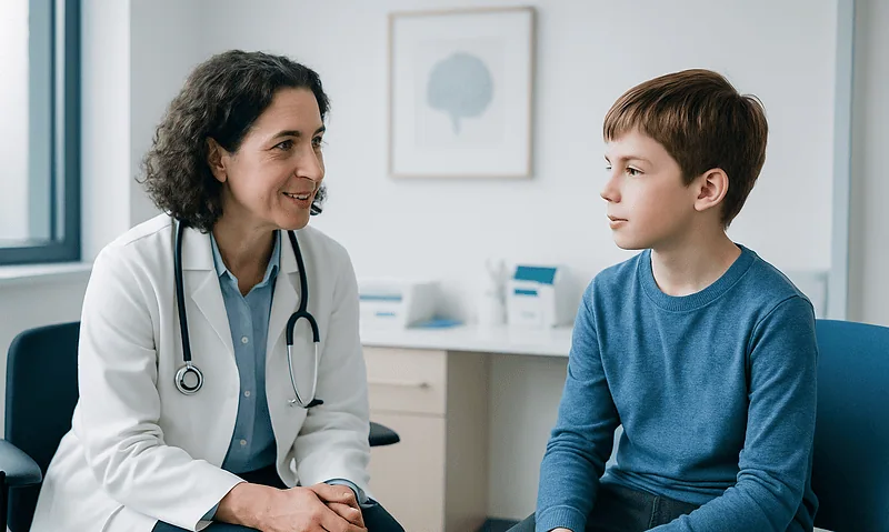 Doctor consulting with a young boy in a medical office for autism assessment.