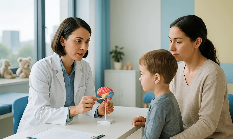 Child with autism spectrum disorder receiving consultation from a doctor.