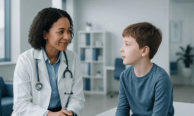 Doctor consulting with a young boy in a medical office setting.