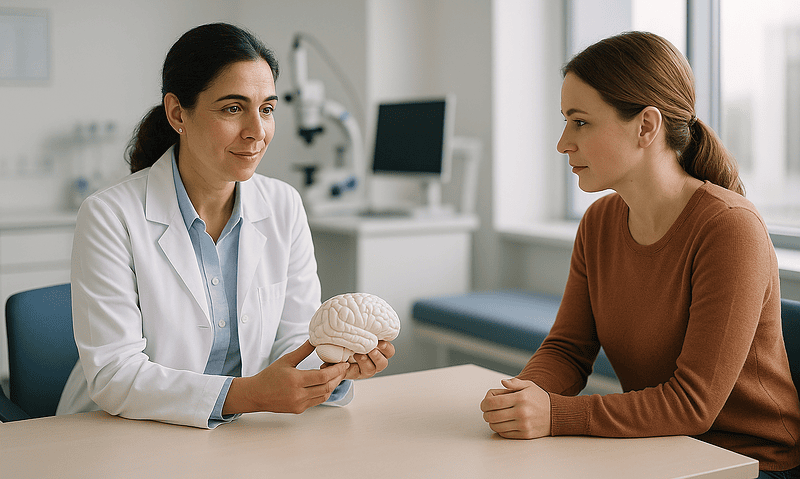Doctor explaining brain development to a patient in a clinical setting.