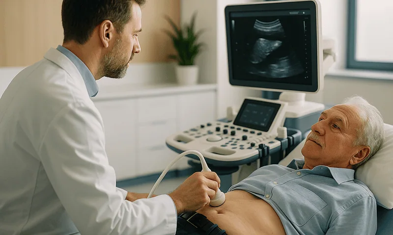 Doctor performing an ultrasound on an elderly male patient in a hospital room.