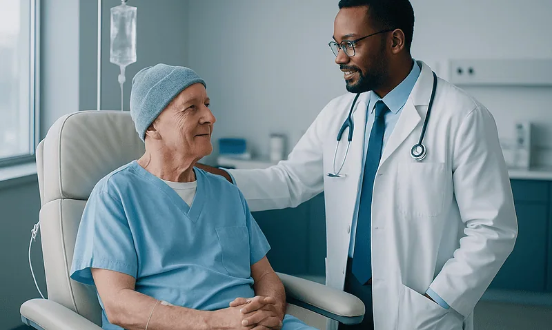 Doctor talking to senior patient in hospital room.