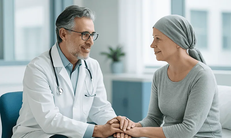 Doctor and patient holding hands in a consultation room.