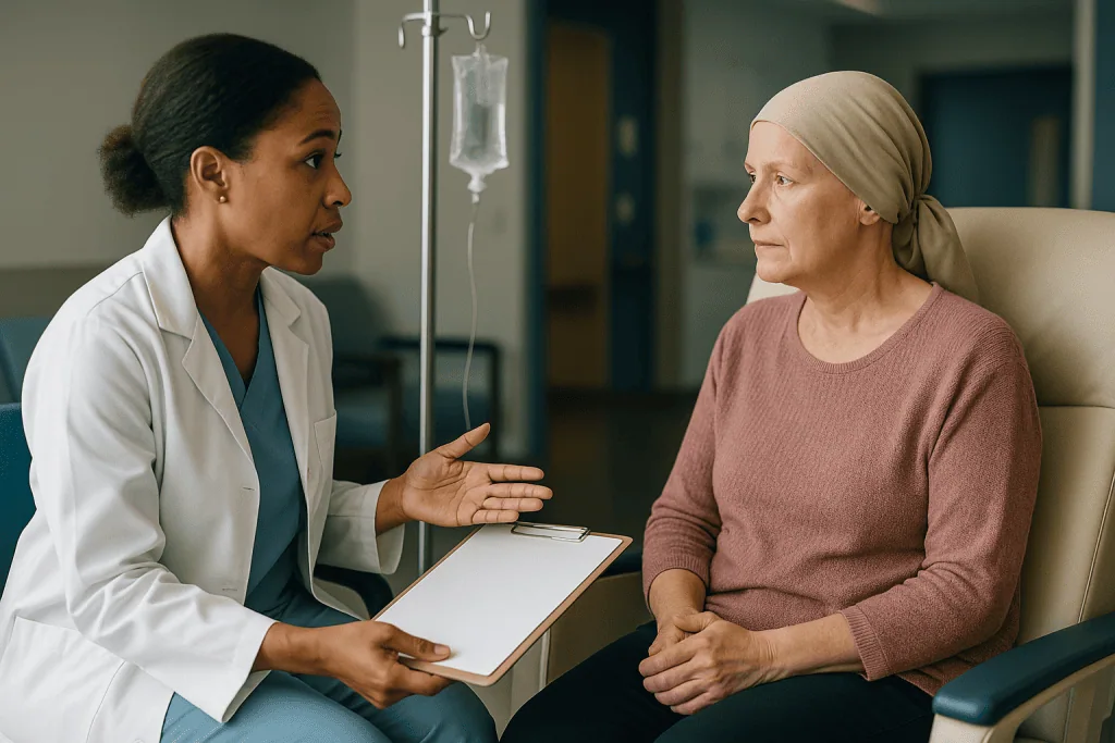 Doctor consulting patient in clinical setting with IV stand: Autologous vs allogeneic stem cell transplant: what is the real