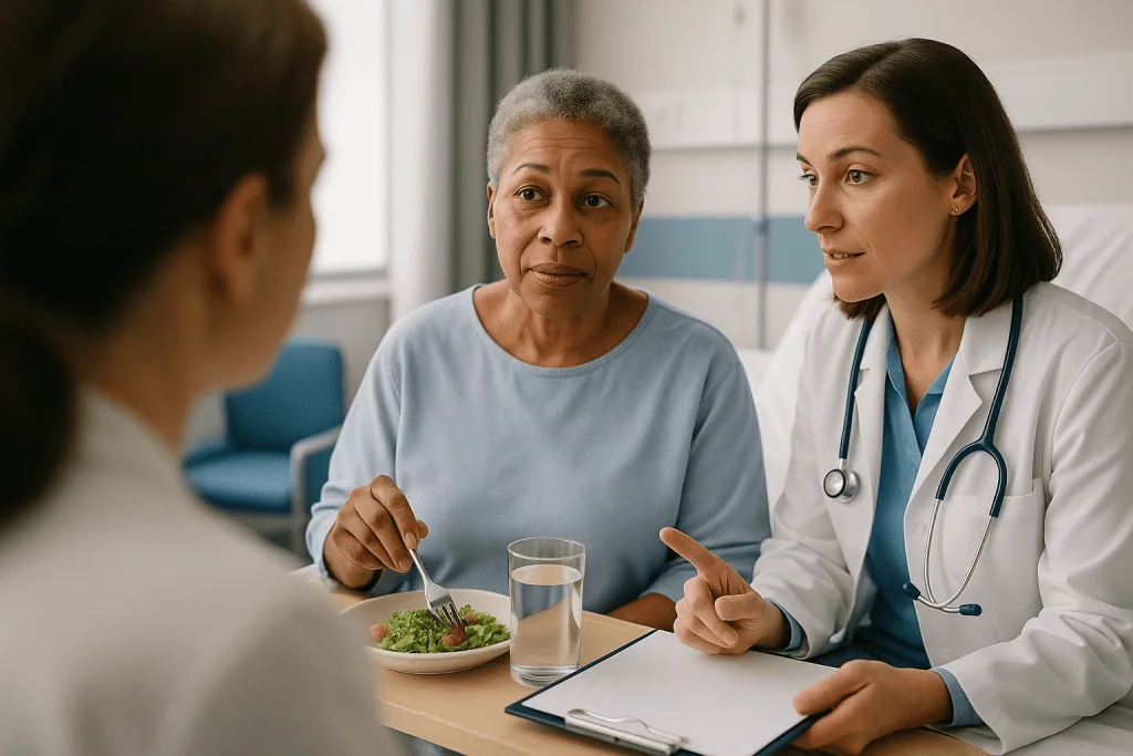 Doctor consulting patient about healthy diet nutrition: Autologous vs allogeneic transplant: why myeloma teams usually use y