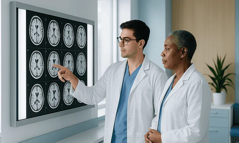 Doctors analyzing brain MRI scans in a hospital setting.