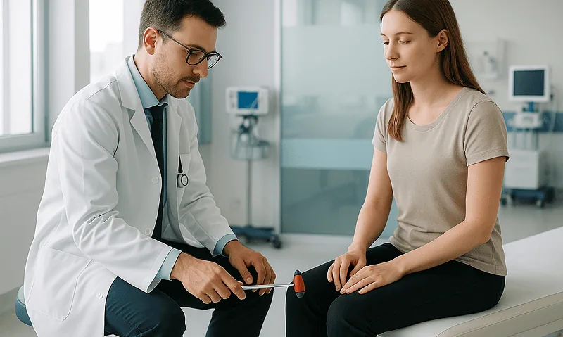 Doctor examining a young woman in a hospital setting for autonomic disorder.