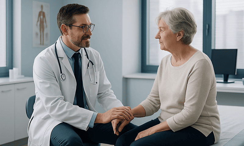 Doctor consulting with elderly patient in a medical office.