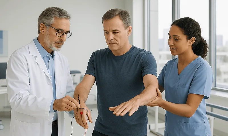 Doctor and nurse perform nerve conduction test on patient in hospital.