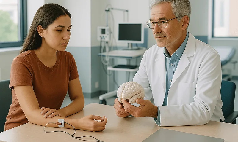 Doctor explaining brain function to a patient in a medical consultation.
