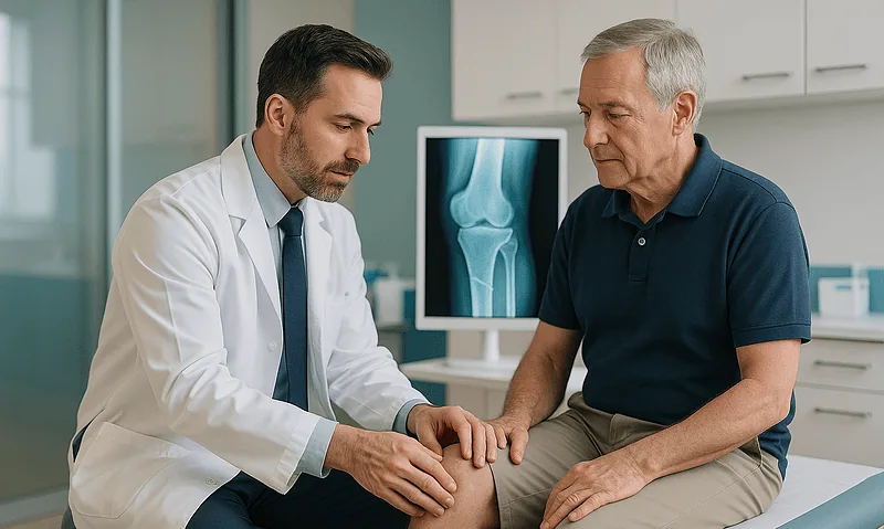 Orthopedic doctor examining patient's knee in a medical consultation room.
