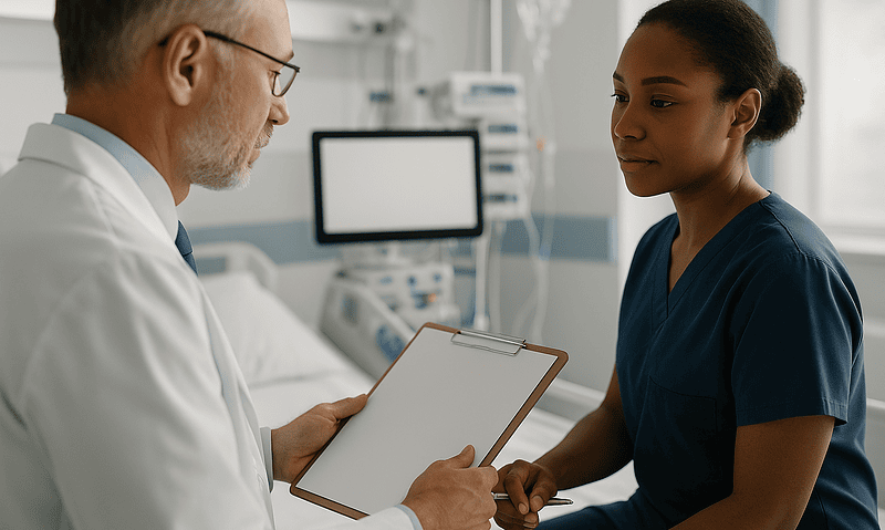 Doctor consulting with a patient in a hospital room at Acibadem Hospitals Group.