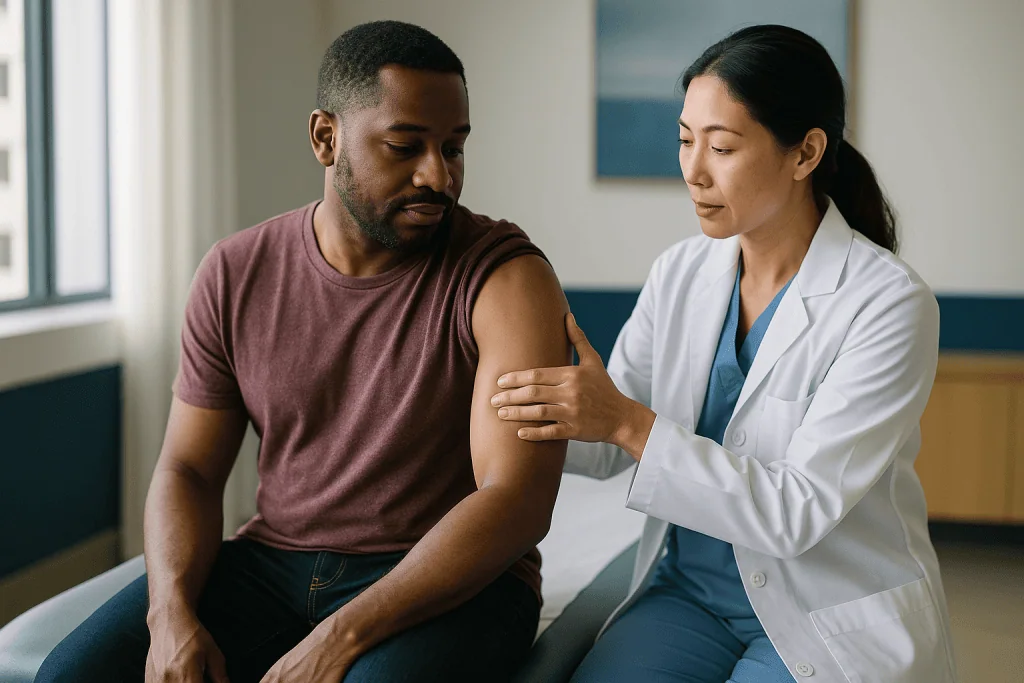 Doctor examining patient shoulder for nerve damage: Axillary nerve injury shoulder: the nerve clinicians test first