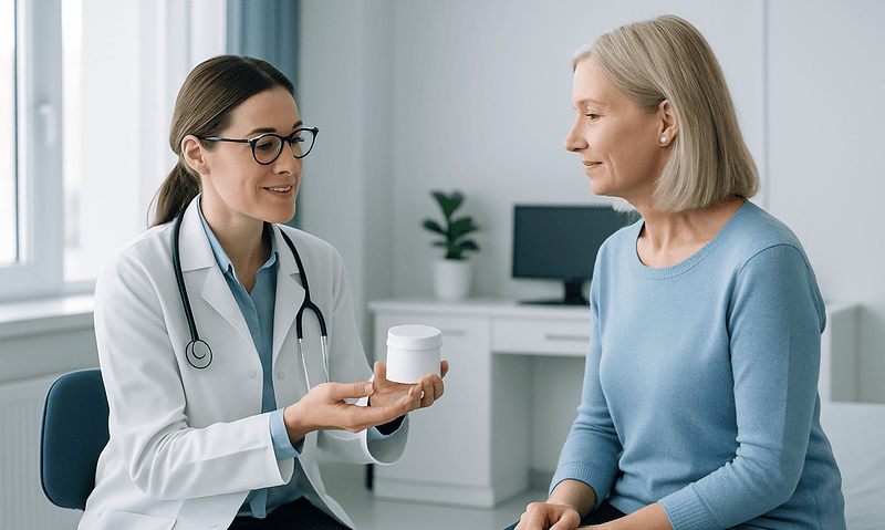Doctor explaining skincare product to patient in clinic setting.