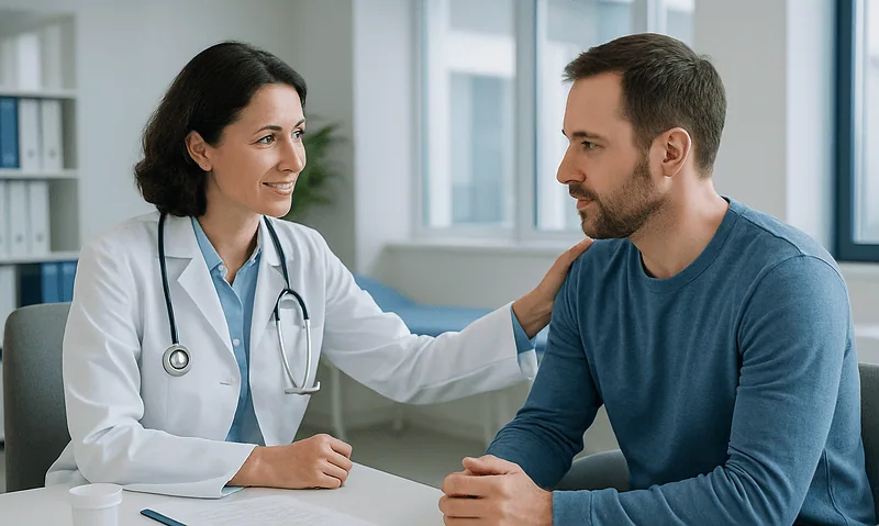 Doctor consulting male patient in a medical office setting.